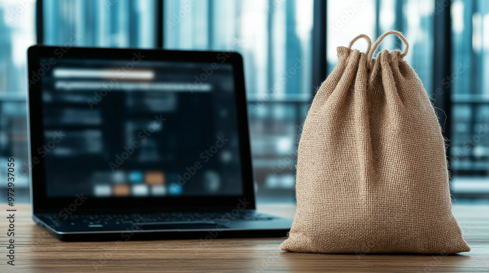 Poster a blank burlap sack is positioned in front of a laptop displaying an e-commerce website, symbolizing