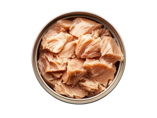 Overhead view of canned tuna in a bowl, showcasing high-protein and nutritious seafood, perfect for meals and healthy diets.