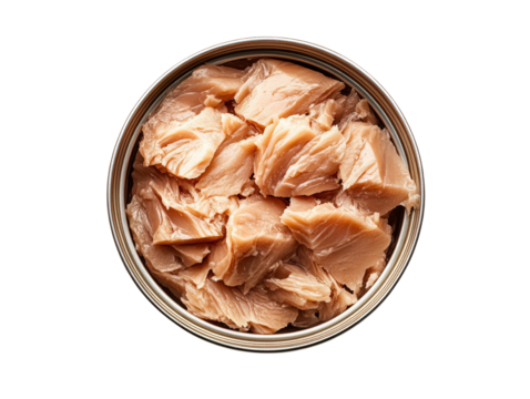 Overhead view of canned tuna in a bowl, showcasing high-protein and nutritious seafood, perfect for meals and healthy diets.