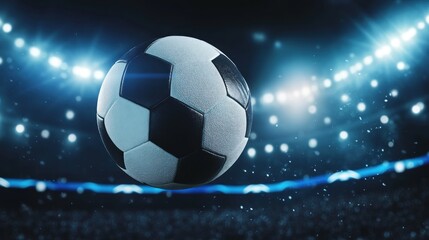 Naklejka premium A soccer ball suspended in a stadium, illuminated by dramatic lighting.