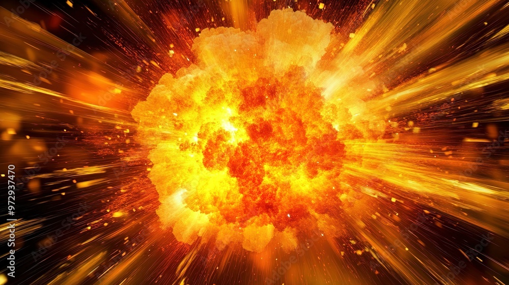 Poster dramatic explosion sending flames and debris into the air against a dark background during a simulat