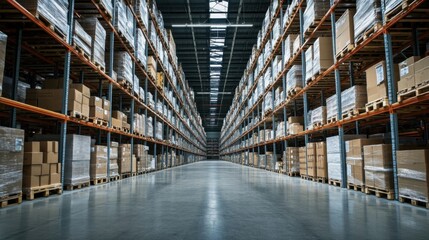 Various goods packages placed on warehouse racks, awaiting transportation in an empty storage area.