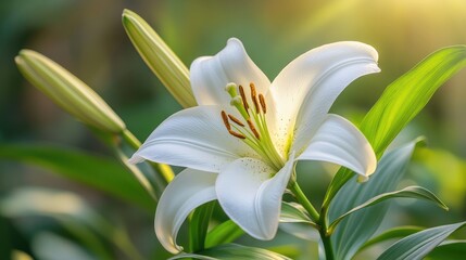 Obraz premium A detailed shot of a delicate white lily, with its stamens and pistil clearly visible, surrounded by lush green leaves and soft morning light.