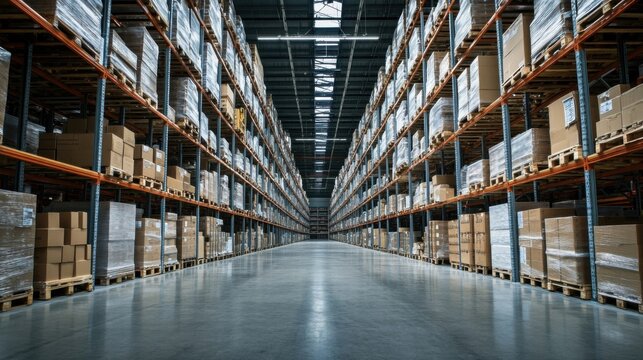 Various goods packages placed on warehouse racks, awaiting transportation in an empty storage area.