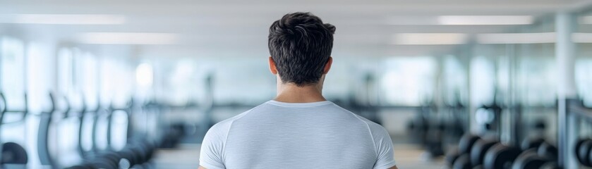 Obraz premium A man stands in a gym, gazing towards workout equipment, embodying focus and dedication to fitness and health.