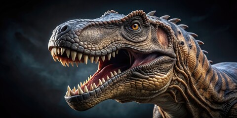Obraz premium Tyrannosaurus Rex dinosaurs in close up on dark background, Tyrannosaurus Rex, dinosaurs, close up