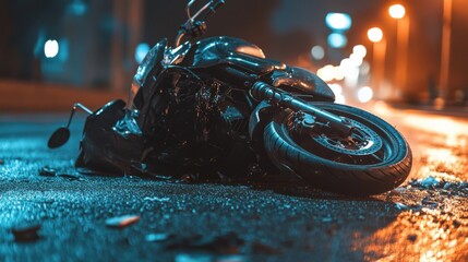 Motorcycle lying on asphalt after an road accident. Moto bike collision at night. Damaged motorcycle lay on asphalt road.