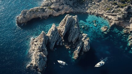 Obraz premium Aerial view of rocky coastline with crystal clear waters and boats moored at midday in a tranquil coastal area