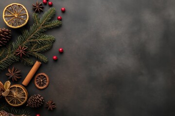 Christmas decorations including pine branches, dried orange slices, cinnamon sticks, and red berries on dark background