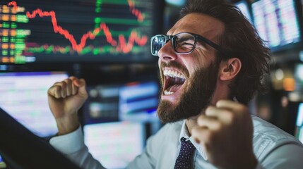 Happy Stock Market Trader Celebrating Profitable Trade Success with Joy and Excitement.