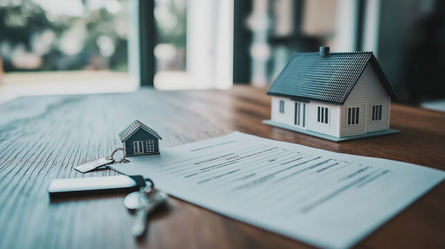 A wooden table outside holds property papers, a small house figurine, and a keychain, with a newly built home in the background, representing the achievement of owning real estate.