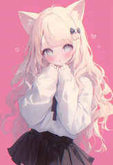 Anime cute girl cat with cat ears in a cozy sweater and skirt against a pink background, showcasing a playful expression
