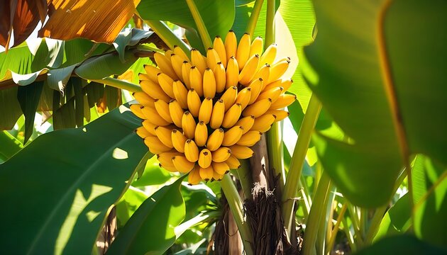sunny garden full of tropical banana tree plants, bunch of yellow ripe banana, large exotic green leaves casting the shadow., outdoor garden concept, Banana fruits, created with generative ai