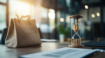On a desk, a loan bag and an hourglass filled with golden grains of sand, alongside a rising bar chart, symbolize timely financial growth and strategic investment.