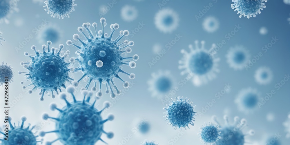 Poster blue and white viruses of varying sizes and shapes floating in t