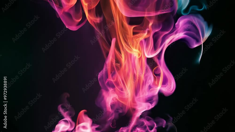 Poster colored smoke curls on a dark background creating an abstract shape