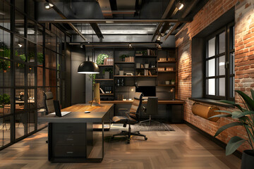 Modern office interior in loft, industrial style, 3d render. Generative Ai.