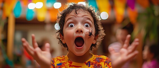 A child surprised by a harmless prank on Dia de los Santos Inocentes, with an expression of shock and amusement.