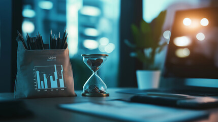 On a table, a loan bag, a modern digital bar graph, and a sleek hourglass illustrate the synergy of financial growth, loan investments, and time management.