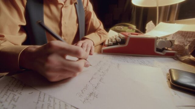 Hands of male writer writing down sentence on sheet of paper with fountain pen at desk with softly glowing lamp and vintage typewriter. Close-up shot