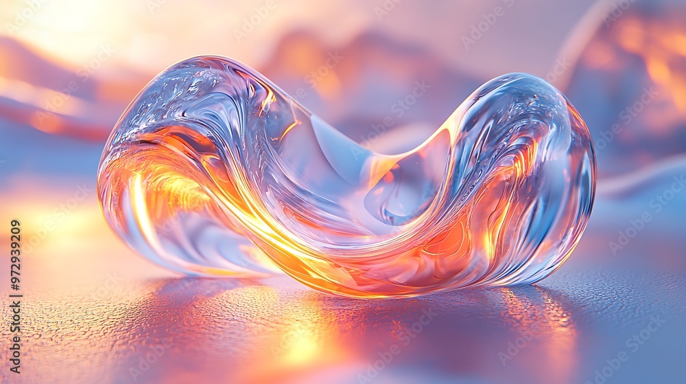 Poster abstract image of a liquid glass orb set against a sunset background, creating a captivating visual 