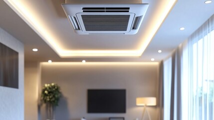 Interior room with ceiling mounted cassette type air conditioner alongside a modern lamp light on a ceiling. the duct air conditioner suitable for living room.