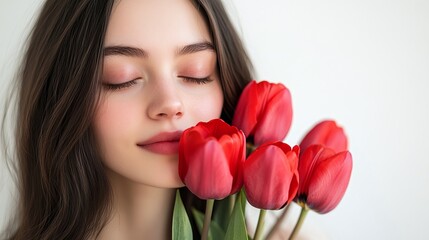Fototapeta premium joyful brunette girl with a bouquet of red tulips, representing femininity and celebration in a beautiful floral portrait