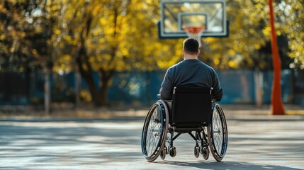 Determined Man in Wheelchair Participating in Inclusive Community Basketball League.