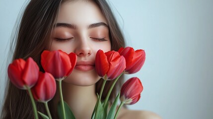 Fototapeta premium young woman delighting in the scent of red tulips, capturing a moment of happiness and beauty against a minimalist white background