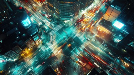 Fototapeta premium A dramatic aerial view of a city intersection at night, with bright traffic lights, illuminated buildings, and the dynamic flow of vehicles creating a vibrant scene