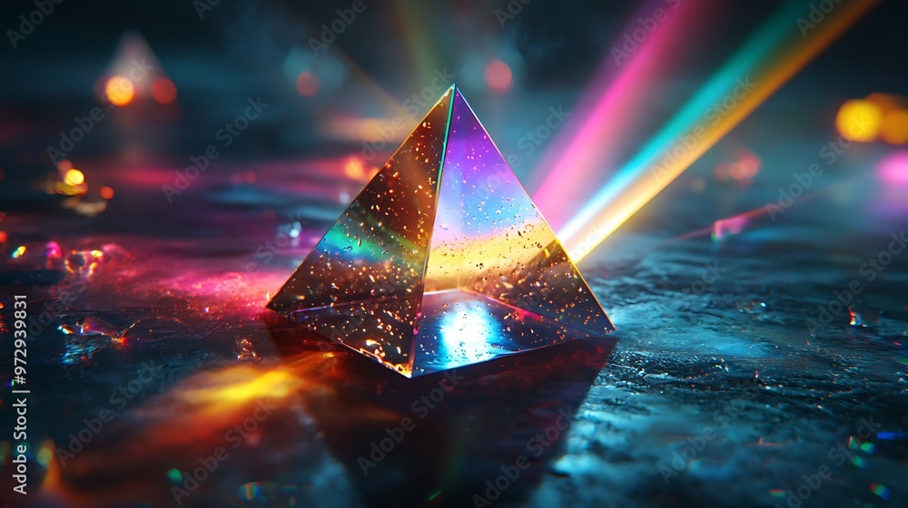 Poster abstract glass pyramid with colorful light reflections and a bokeh effect, creating a striking visua
