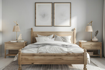 Natural wood bed and bedside cabinets against wall with two poster frames 3d render. Generative Ai.