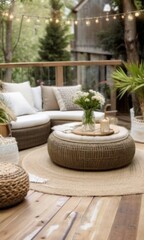 Cozy outdoor seating area with sectional sofa, string lights, an
