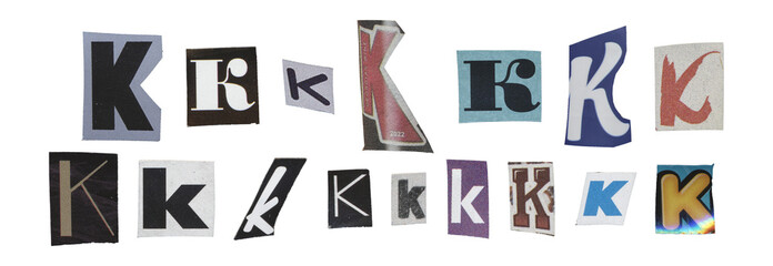 Set of isolated cut-out letter “K” from magazines on a transparent background, retro y2k style