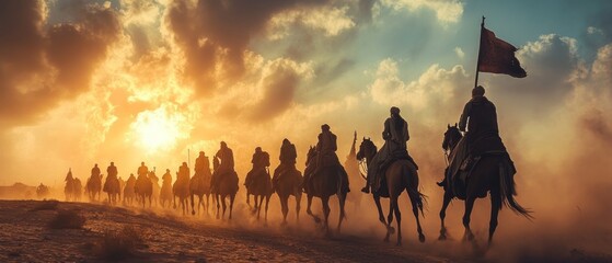 Mysterious ancient Arabian military soldiers troops on horseback in the desert background wallpaper AI generated image