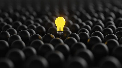 Fototapeta premium One shining yellow light bulb above a sea of black, unlit bulbs, symbolizing a sudden and unique breakthrough in thought.