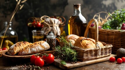 Rustic bread with herbs and tomatoes in a country kitchen