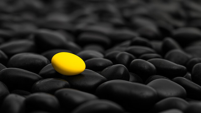 One glowing yellow stone in a sea of black stones on a modern table, embodying innovation and thinking outside the box.