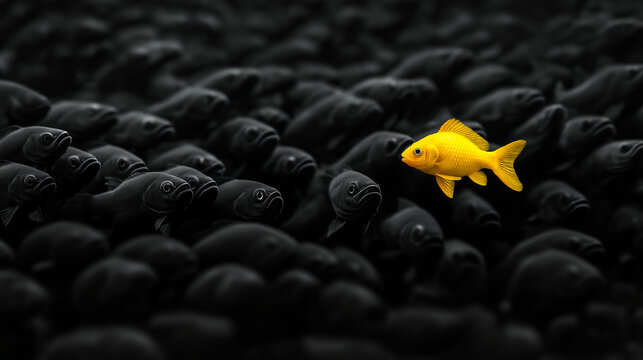 A single yellow fish swimming against a school of black fish, embodying the concept of breaking norms and driving innovation.