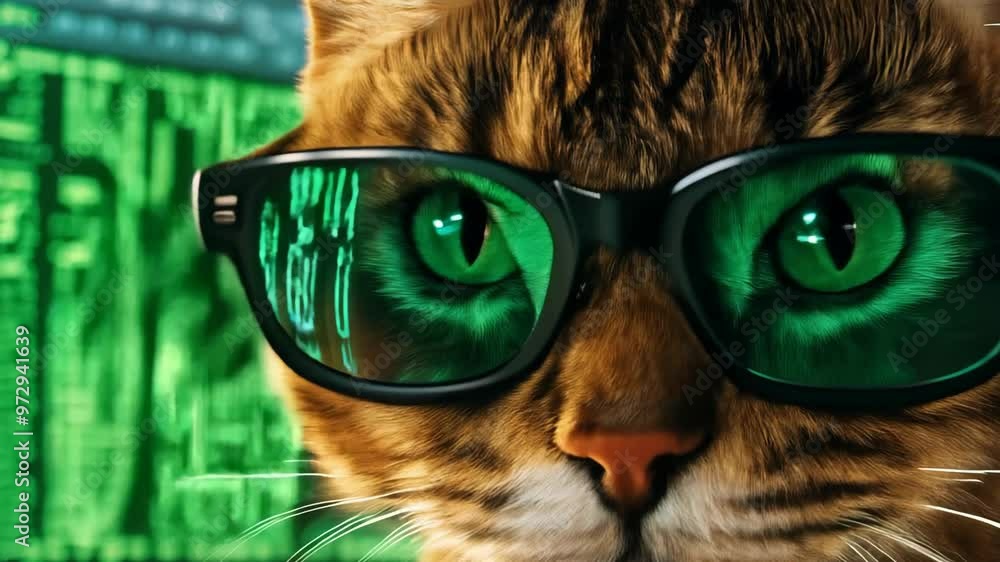 Aufkleber cat with glasses sitting in front of a screen with a code