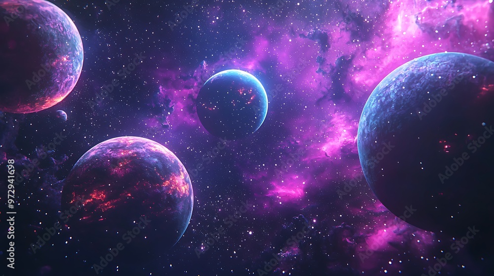 Poster vivid cosmic nebula with an array of planets and stars, serving as a stunning and colorful backgroun