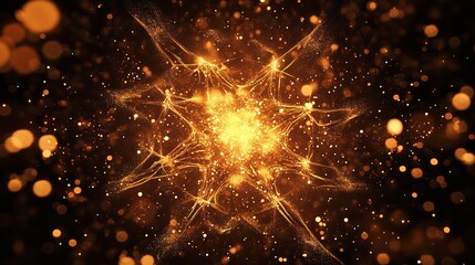 Fototapeta premium Golden particles swirl around a luminous core, creating a mesmerizing display of light and texture in a dark environment