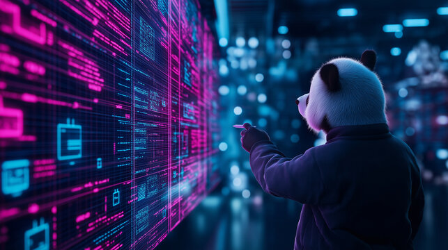 A panda pointing at a giant screen with detailed data visualizations, while lines of code and Pandas functions float around, representing the toolkit's role in transforming raw dat