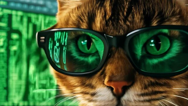 Cat with glasses sitting in front of a screen with a code