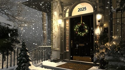 Charming snowy entrance of a warmly lit house adorned with a Christmas wreath during a snowy winter evening