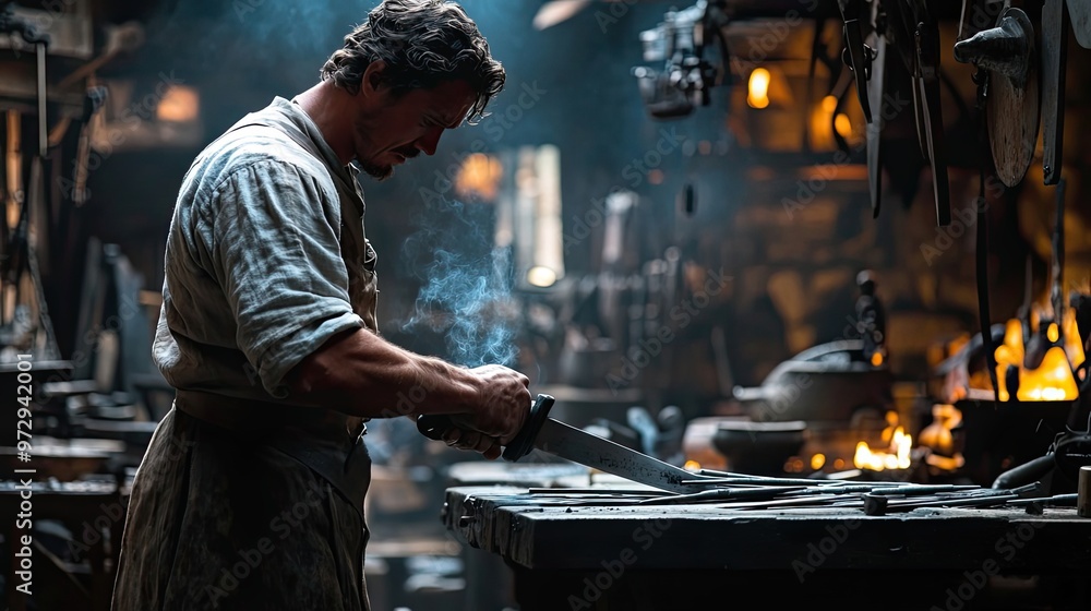 Poster a blacksmith working on a metal object in a forge