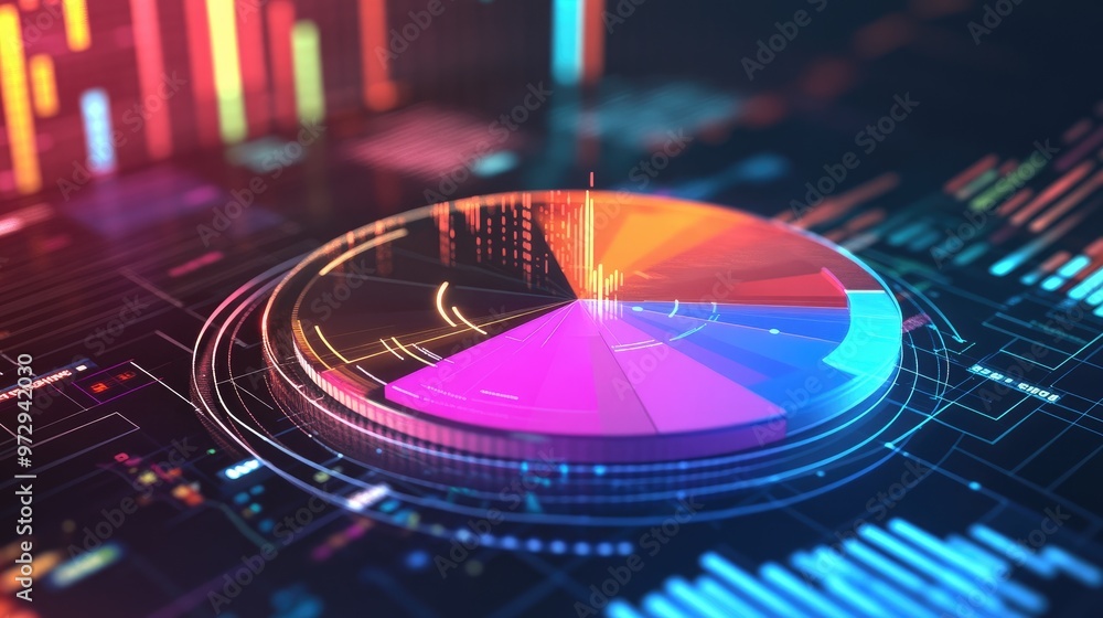 Poster a dynamic shot of a 3d pie chart with animated segments, showing real-time changes in data distribut