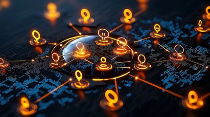 Global network connection depicted with glowing location pins scattered across a detailed digital map, symbolizing worldwide connectivity and technological integration.