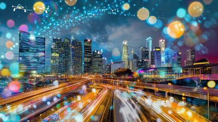 Obraz premium Vibrant city skyline with colorful lights and moving vehicles at night in a bustling urban area