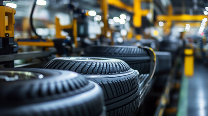 Close-up of car tires being installed on an assembly line
